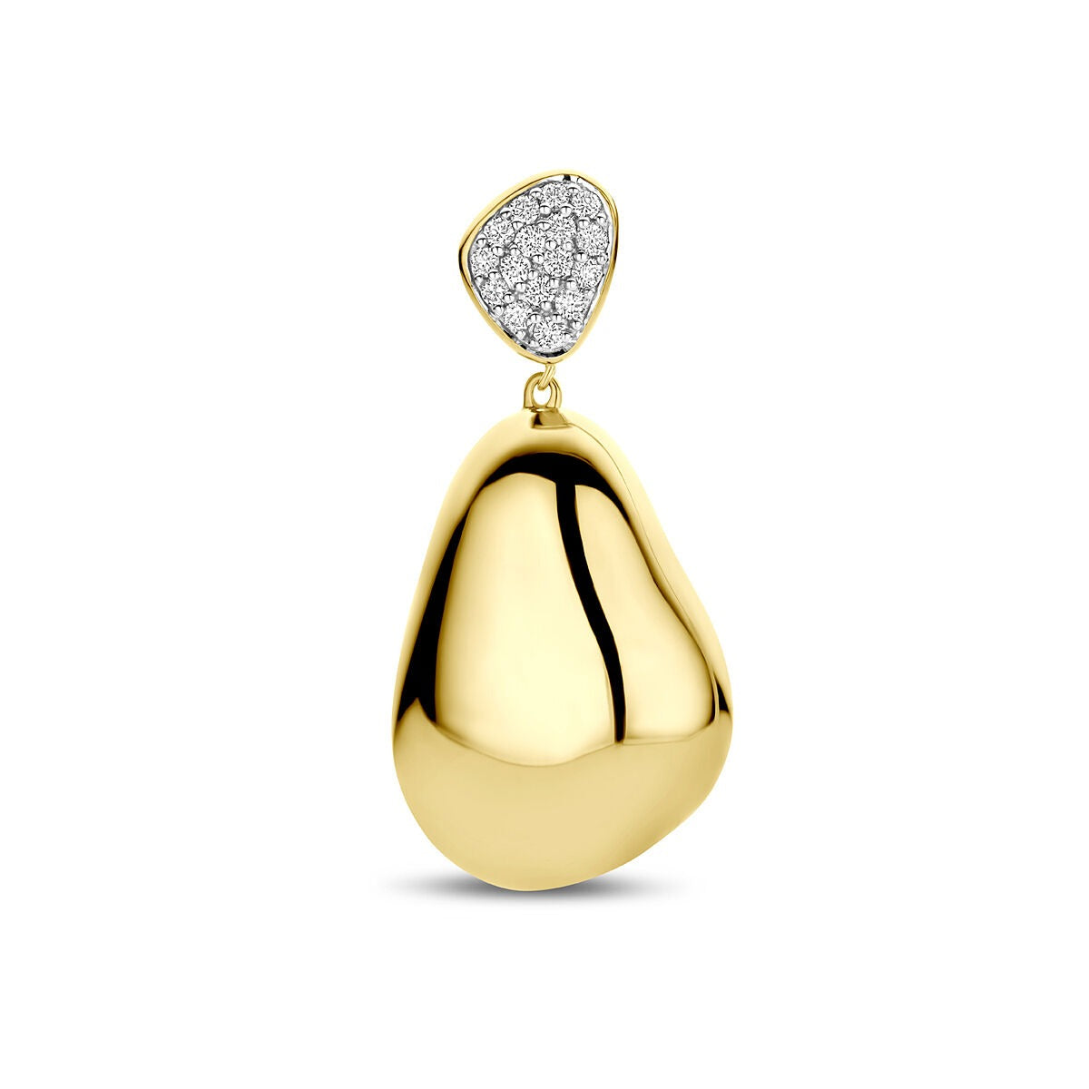 Colgante de oro amarillo de 14k con diamantes pavé de 0.20ct, forma orgánica y brillante.