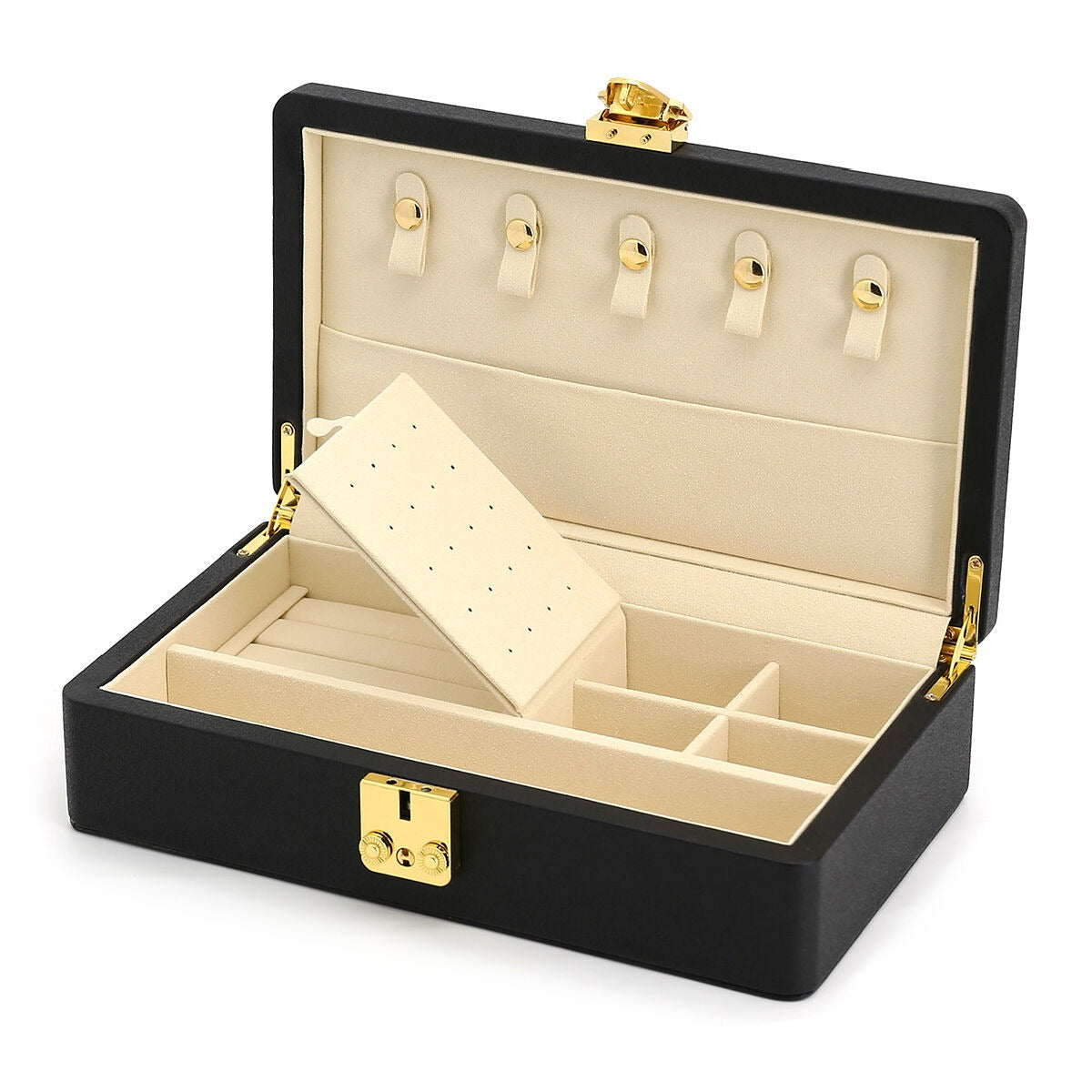 Caja de joyería de lujo negra con detalles en oro – compacta y elegante