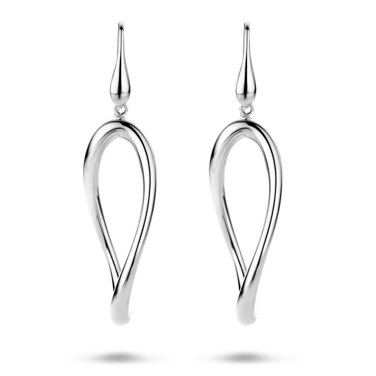 Pendientes largos de plata rodiada con forma orgánica de 65 mm.