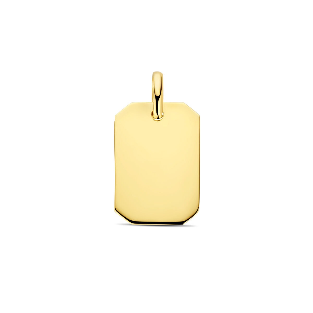 Colgante dorado de 14k con forma rectangular y acabado pulido.