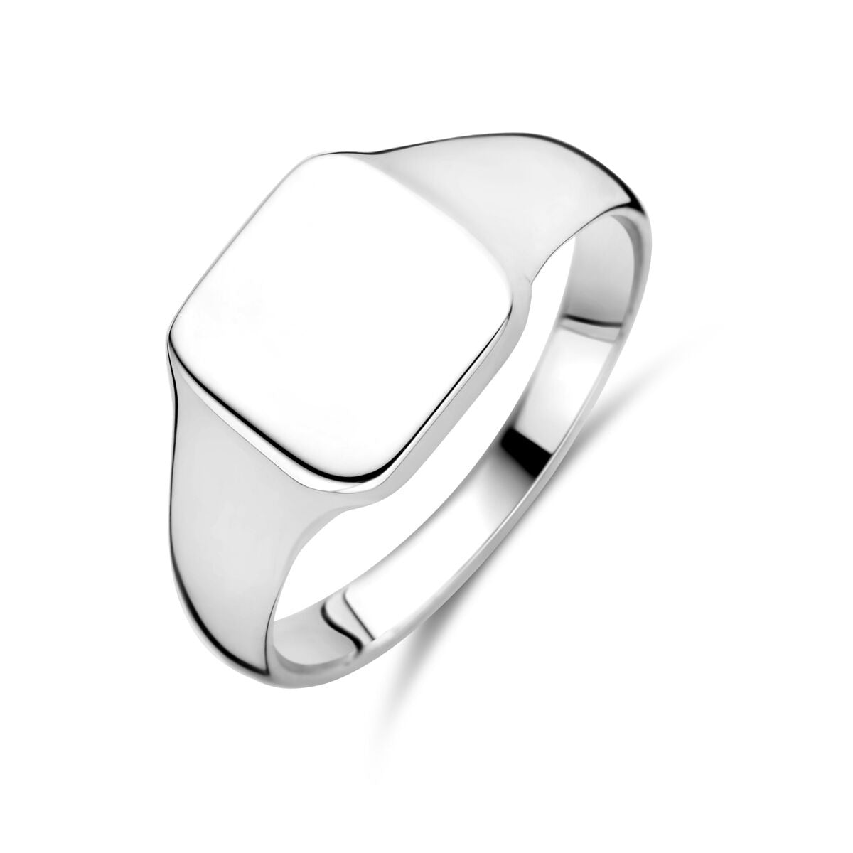 Anillo de plata 925 rodiada con forma cuadrada y superficie lisa.