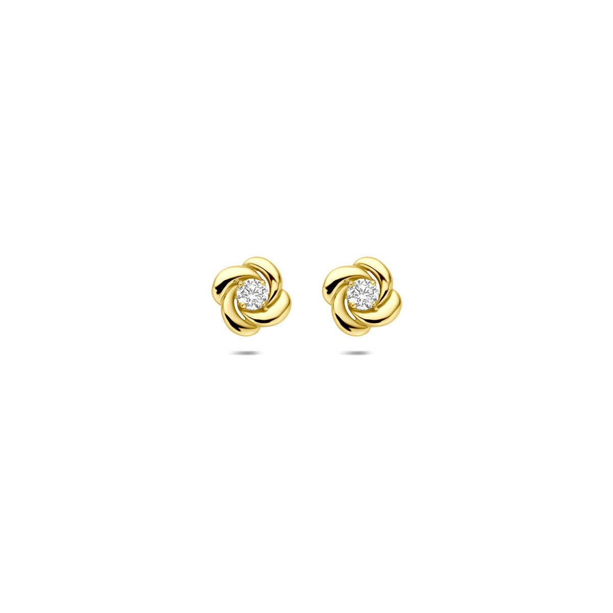 Pendientes de oro amarillo de 14k con zircón, diseño en forma de flor con chatón de cuatro patas.