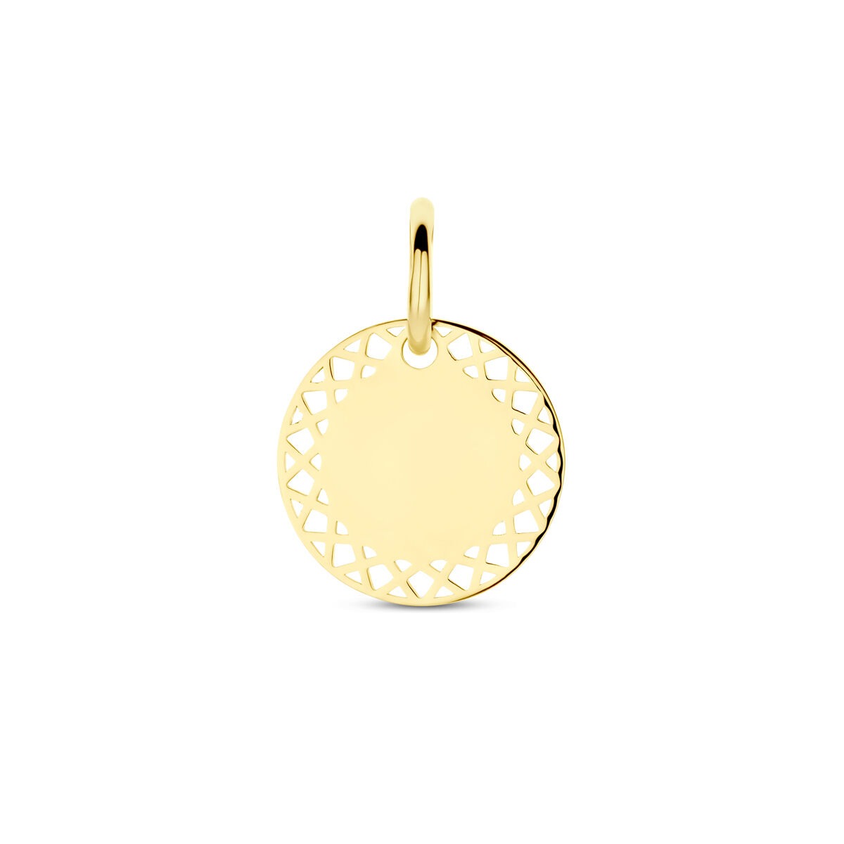 Colgante redondo de oro amarillo de 14k con diseño calado y superficie lisa para grabar.