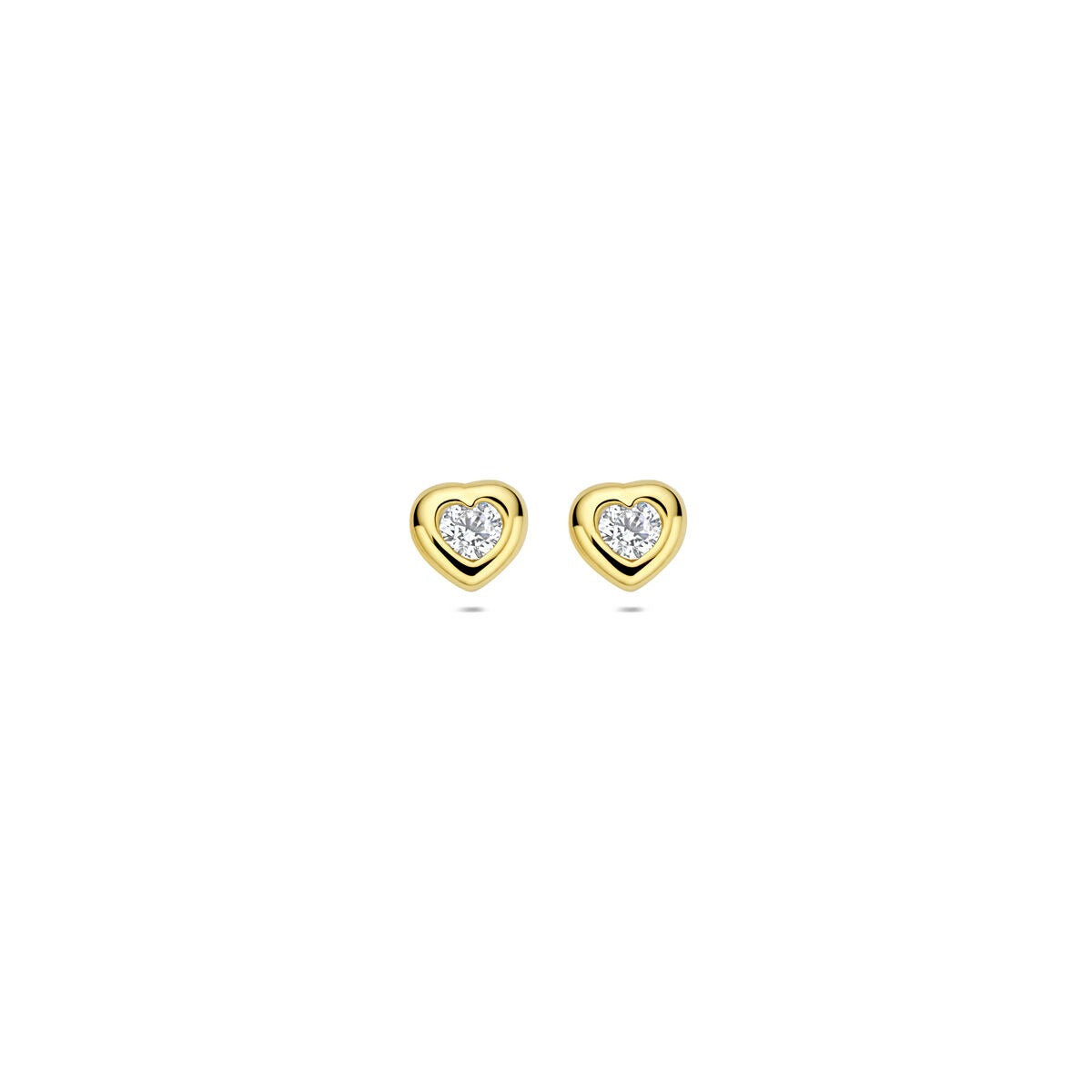 Pendientes de corazón en oro amarillo de 14k con circonitas brillantes.