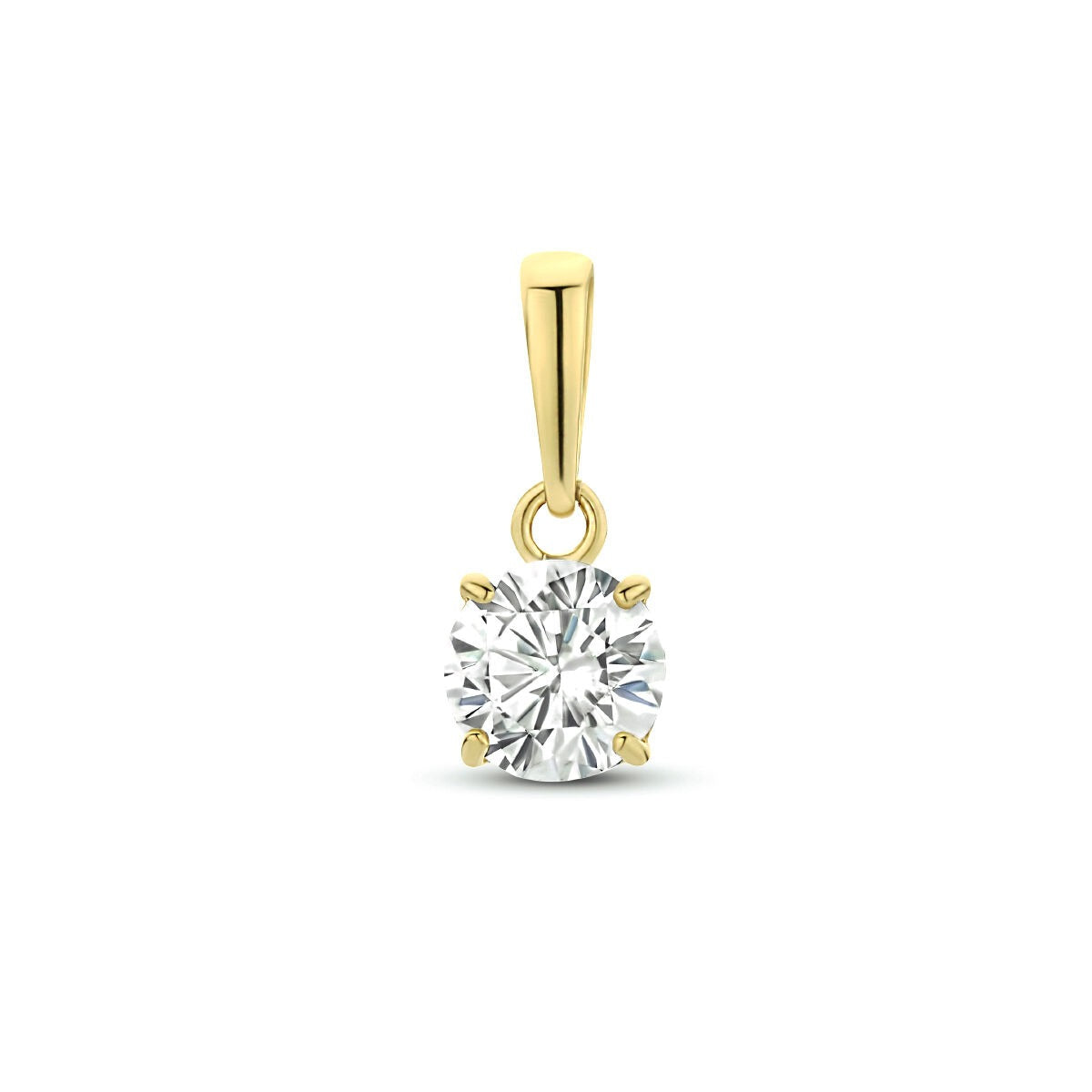 Colgante de oro amarillo de 9k con zircón, tallado en brillante y con engaste de cuatro garras.