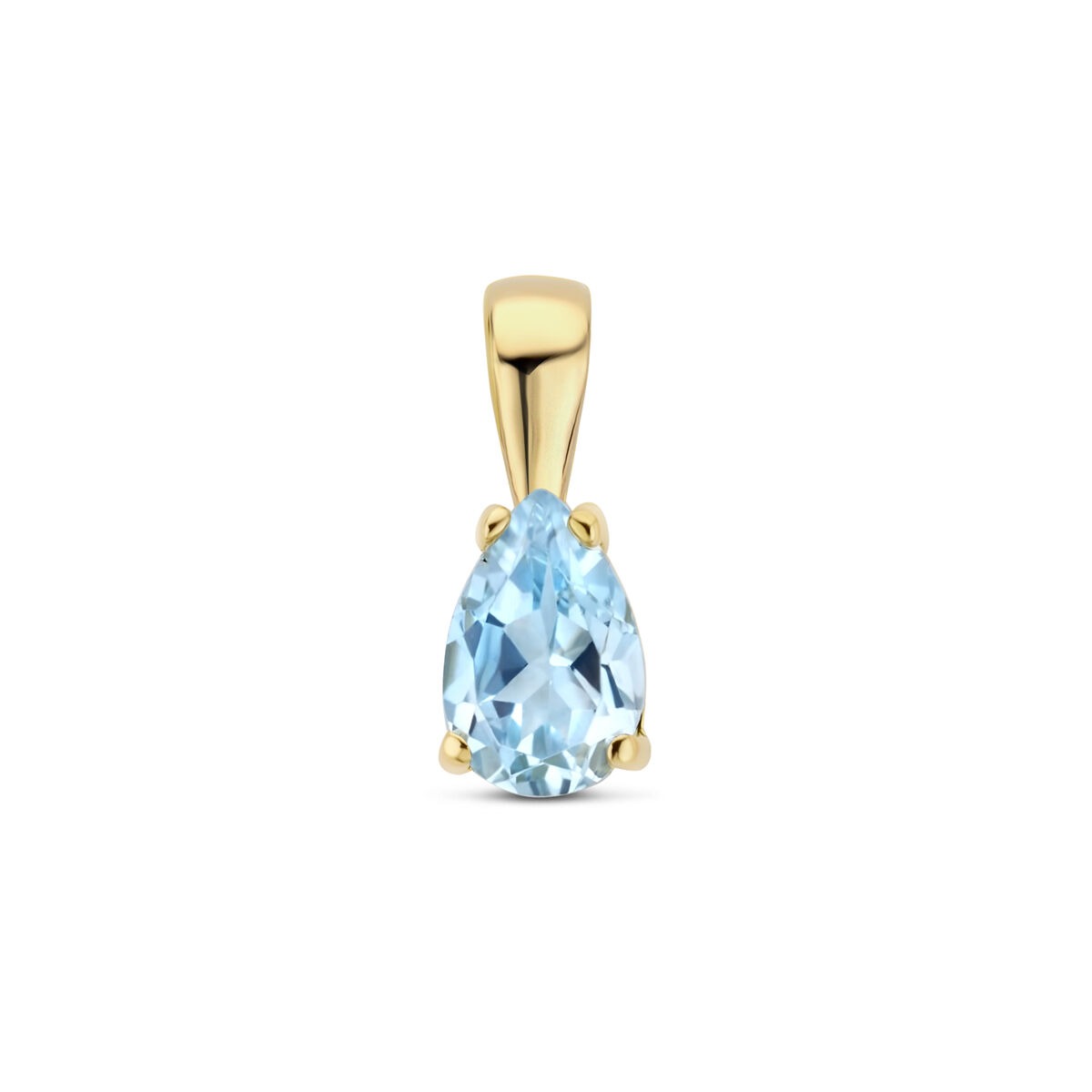Colgante de oro amarillo de 14k con topacio azul en forma de gota.
