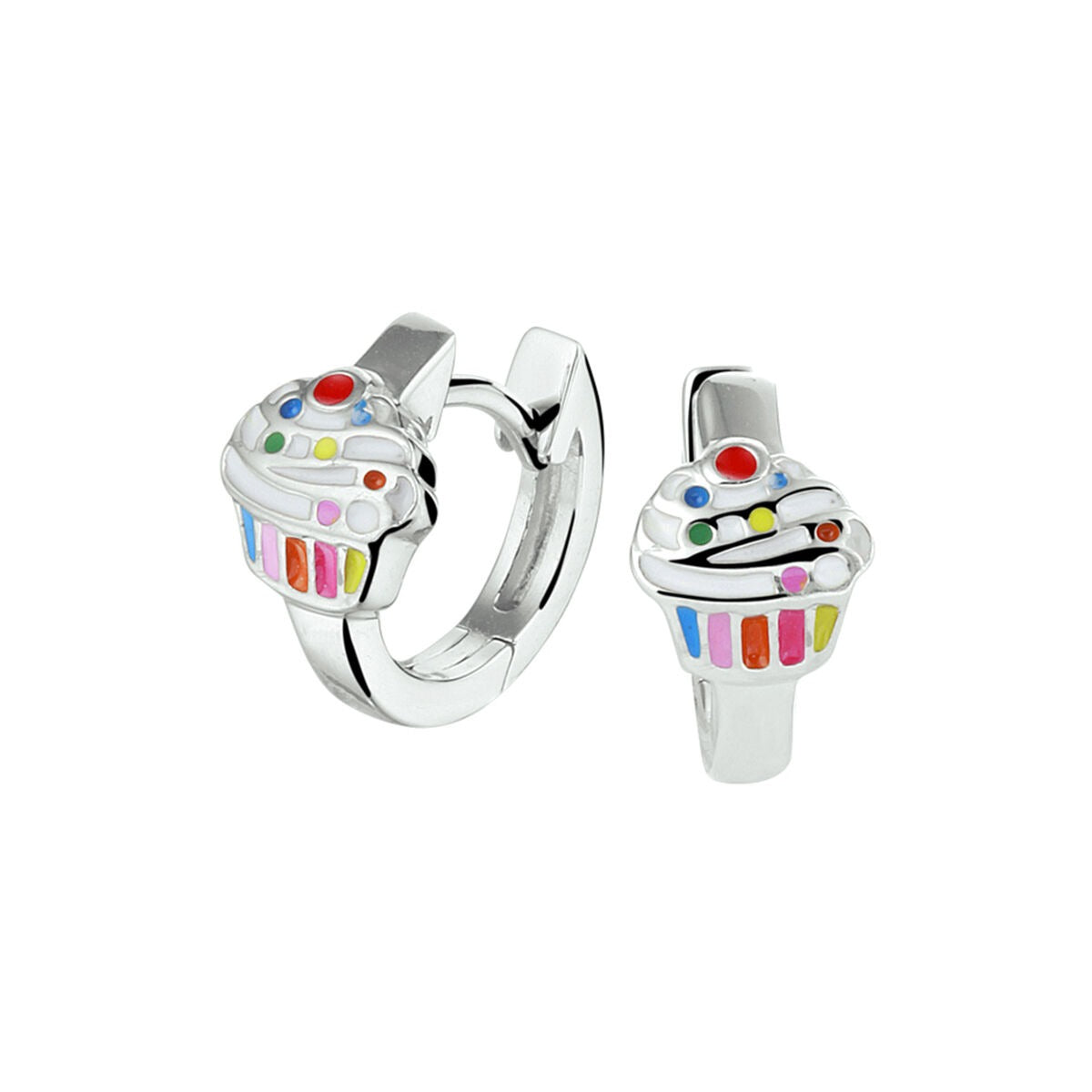 Pendientes de aro de plata rodiada para niños con colgante de cupcake en esmalte multicolor.