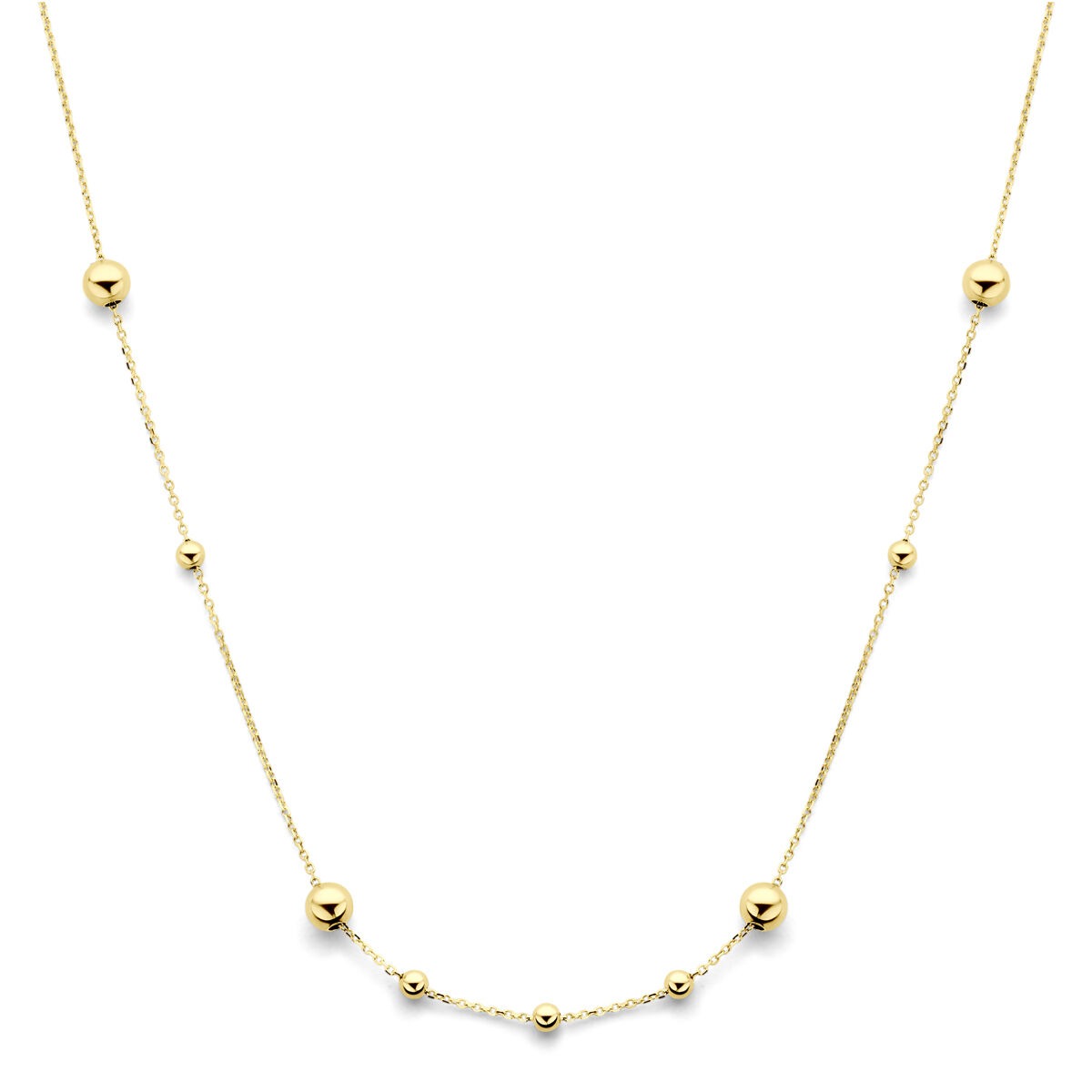 Collar de bolitas en oro amarillo de 14k con una cadena delicada y esferas brillantes.