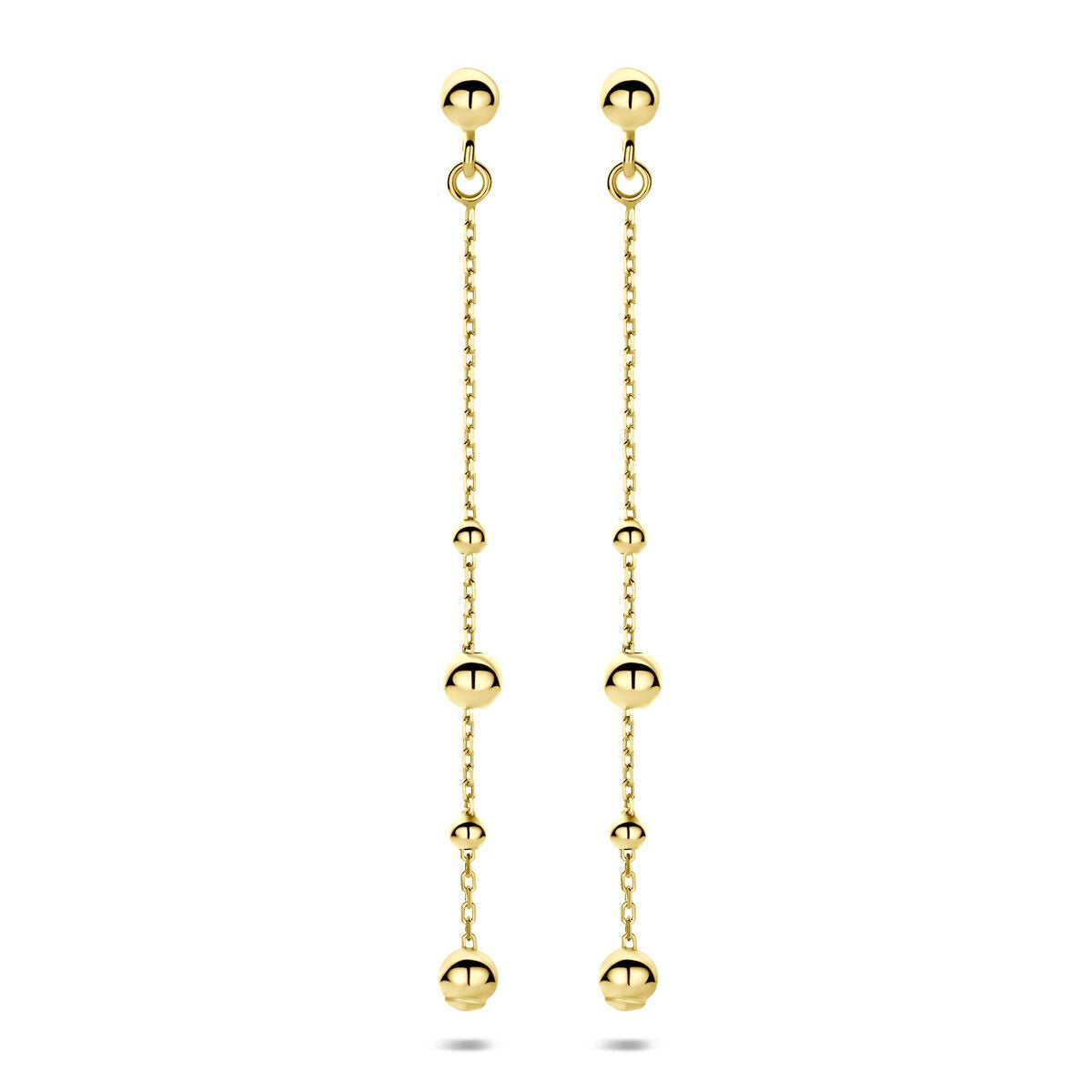 Pendientes largos de oro amarillo de 14k con esferas brillantes en cadena.