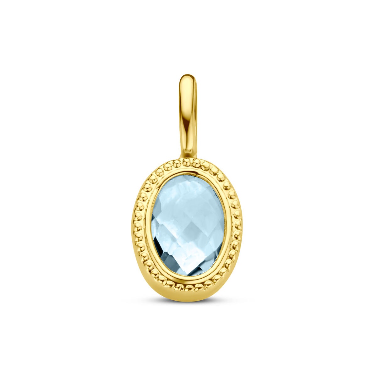 Colgante ovalado de oro amarillo de 14k con topacio azul en engaste solitario.