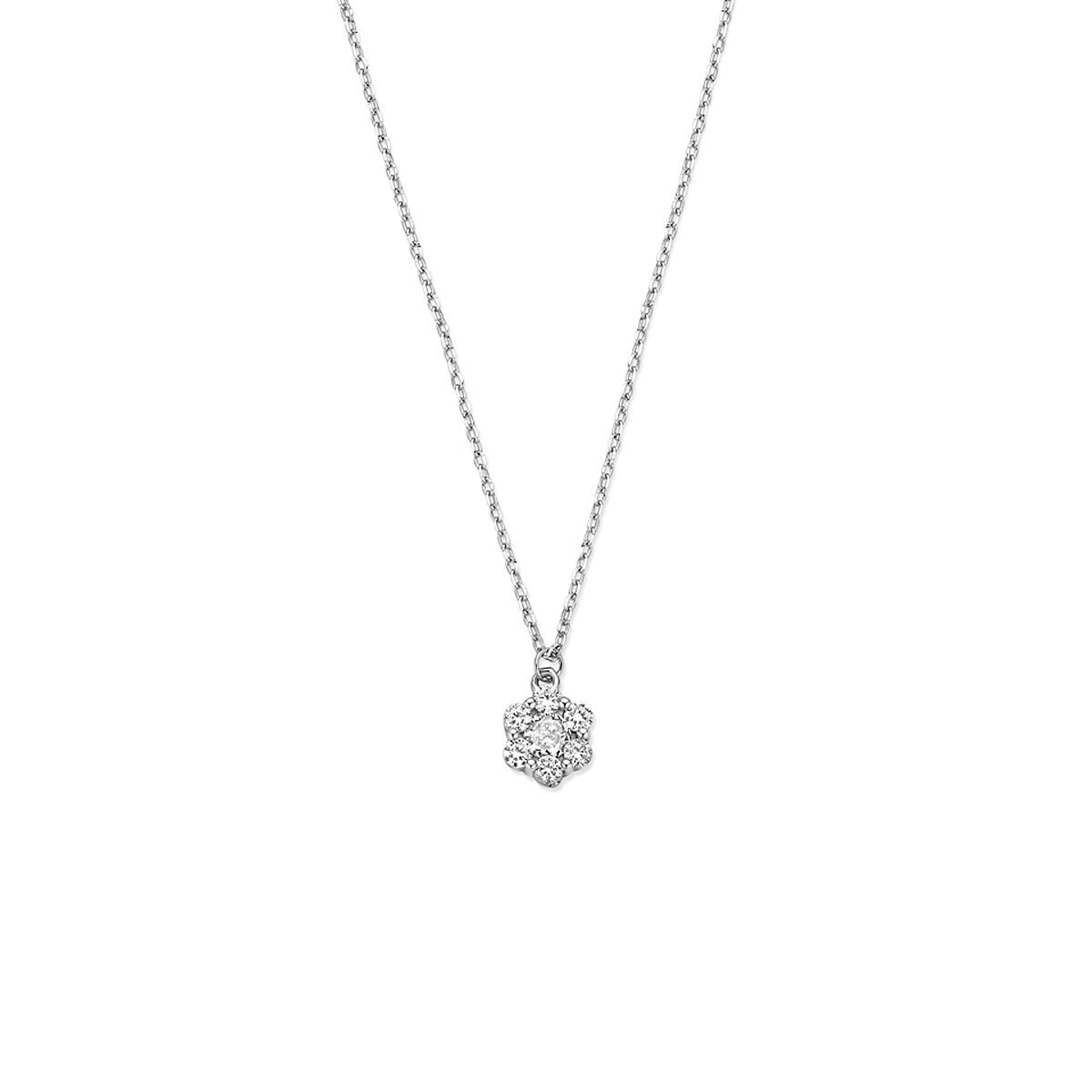 Collar de flores de plata con colgante de zirconia brillante.