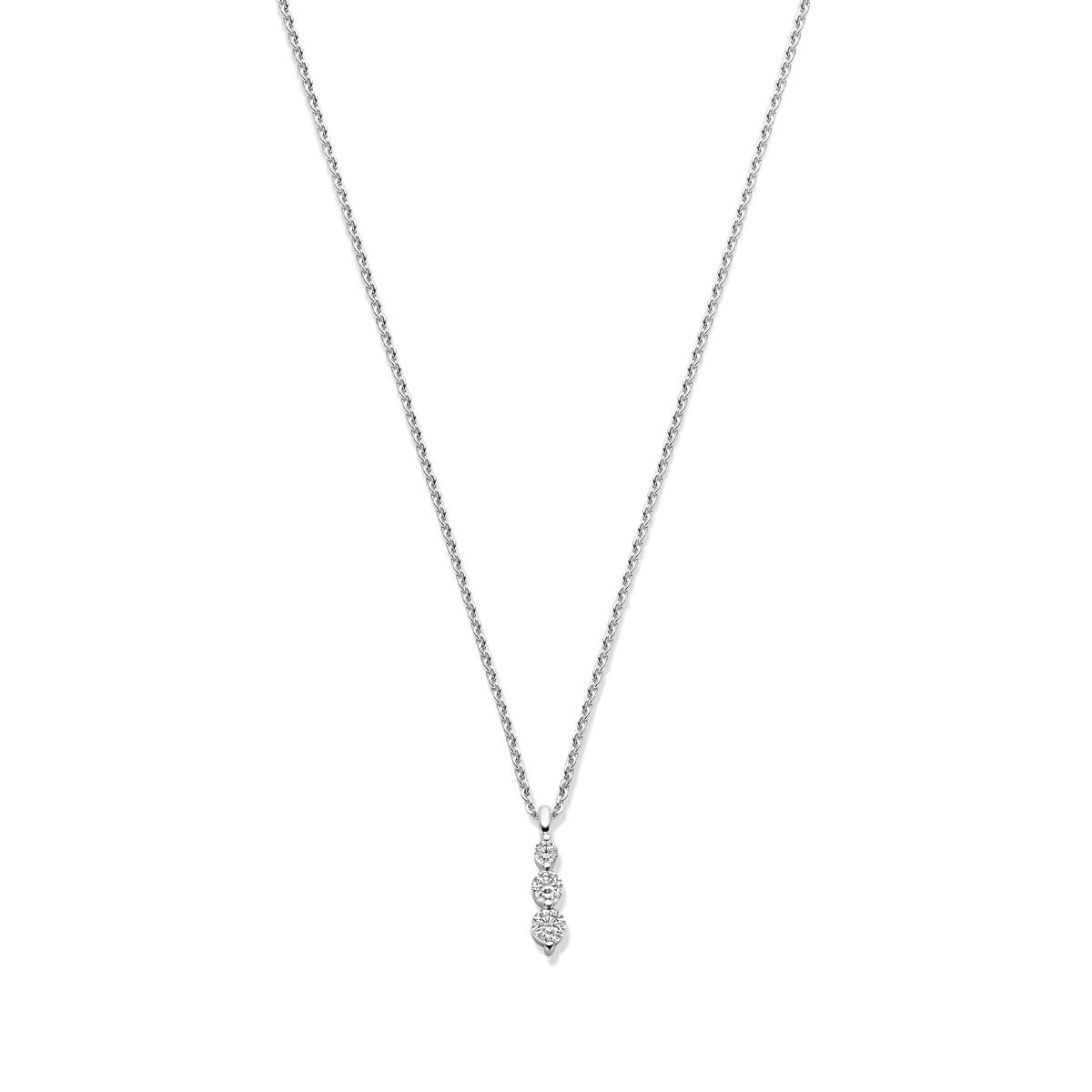 Collar de plata rodiada de 925 con zircón, longitud de 42 a 45 cm y diseño alargado.