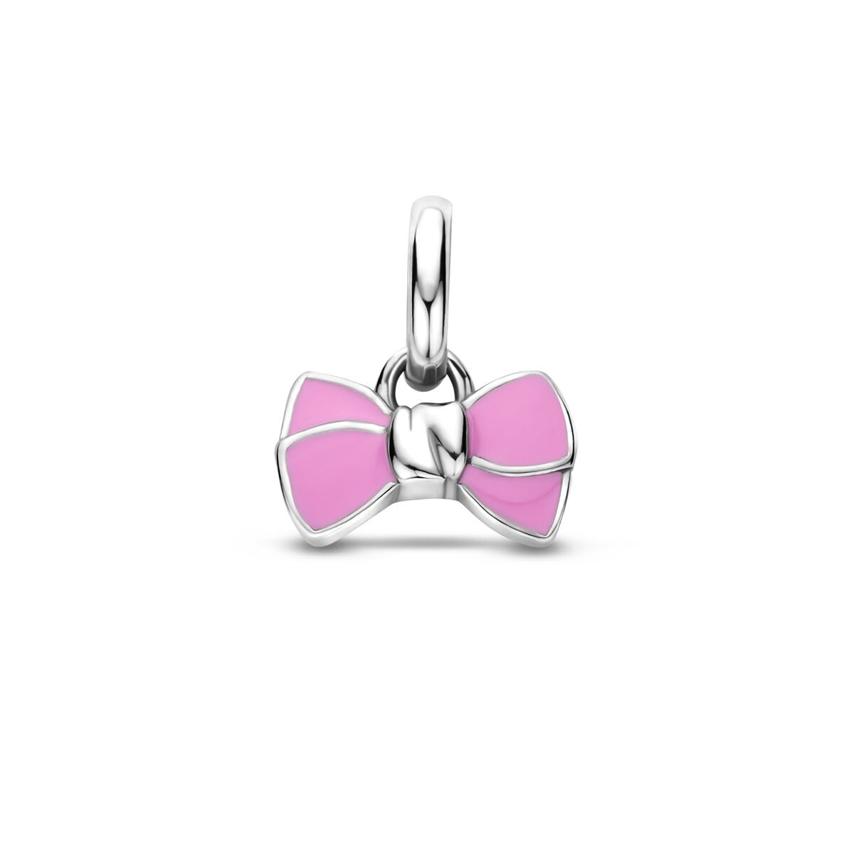 Colgante infantil en forma de lazo, plateado con detalles en rosa y acabado rodiado.