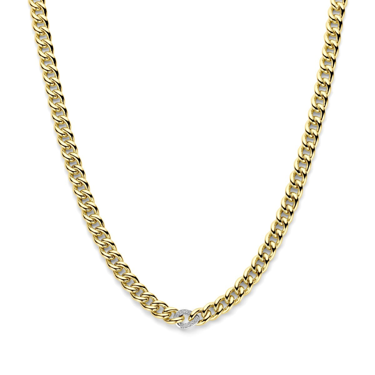 Collar bicolor de oro amarillo y blanco de 14k con un diamante en el centro.