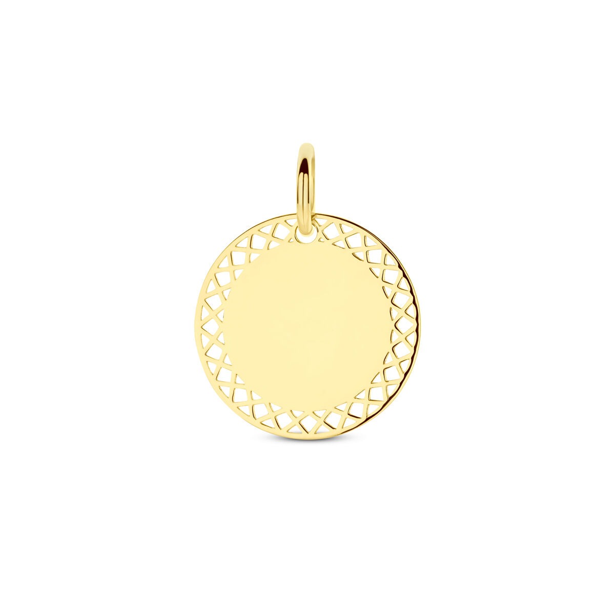 Colgante redondo de oro amarillo de 14k con borde calado.