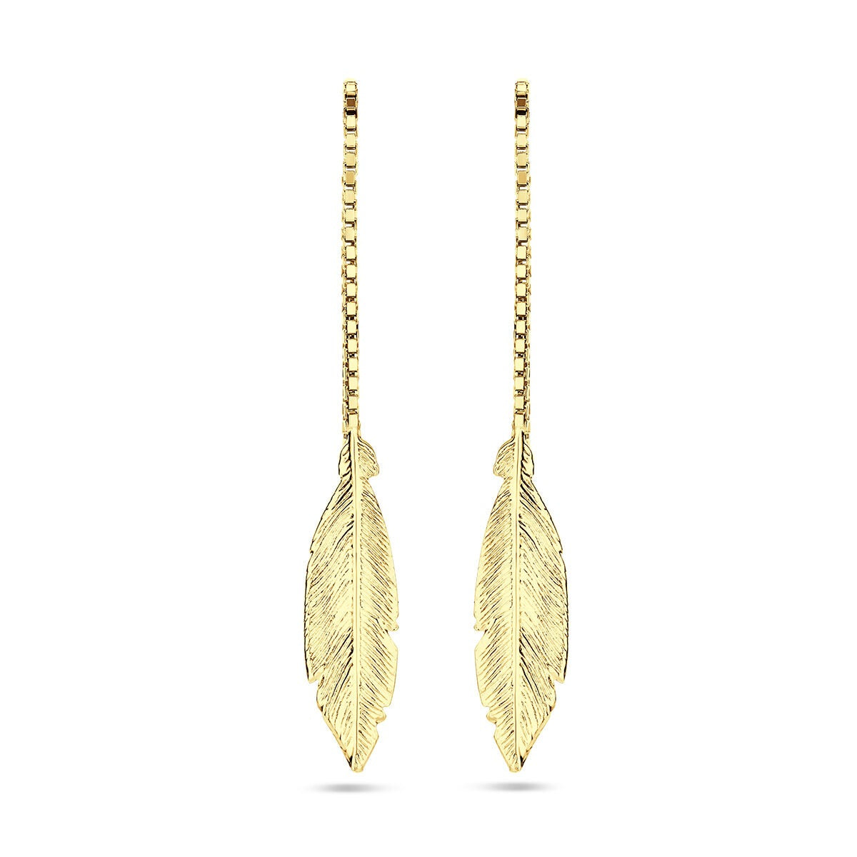 Pendientes largos dorados con forma de pluma, acabado en rodio sobre 925.