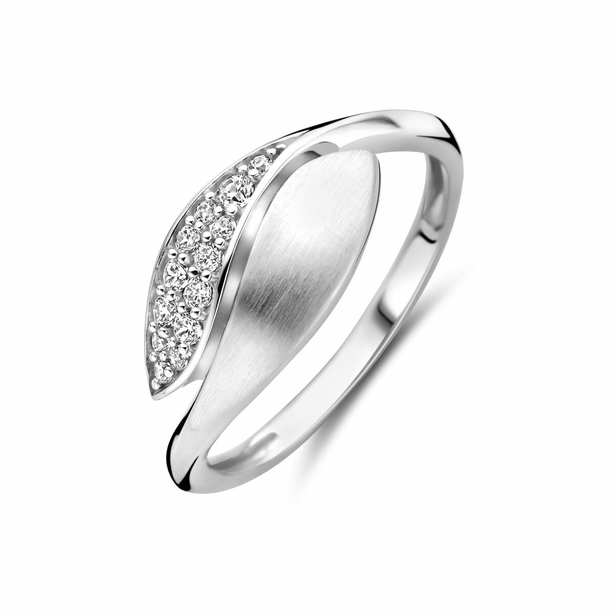 Zilveren ring van gerhodineerd 925 zilver met een briljant geslepen zirkonia in een bladvorm, 8,5 mm breed.
