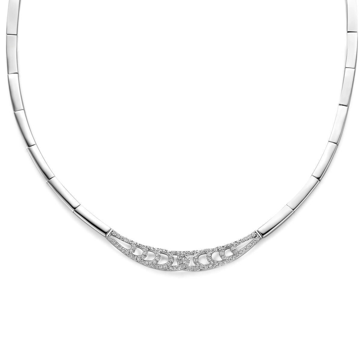 Collar de plata 925 rodiada con zirconias brillantes en forma curva.