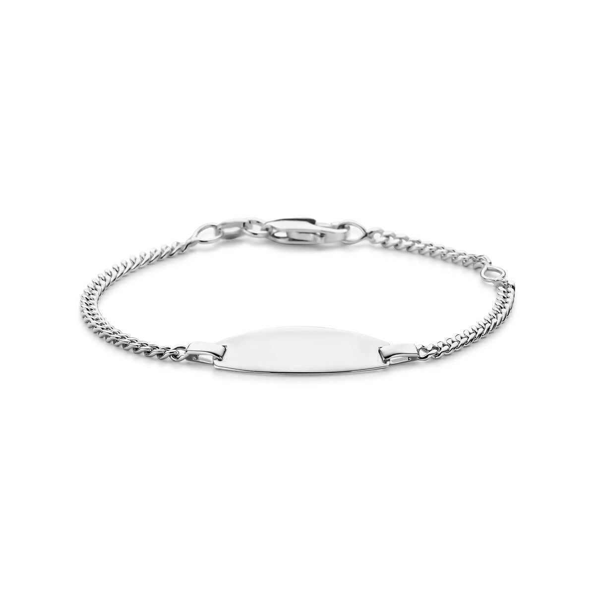 Pulsera de bebé plateada con eslabones gourmette y placa para grabar, de 11 a 13 cm.
