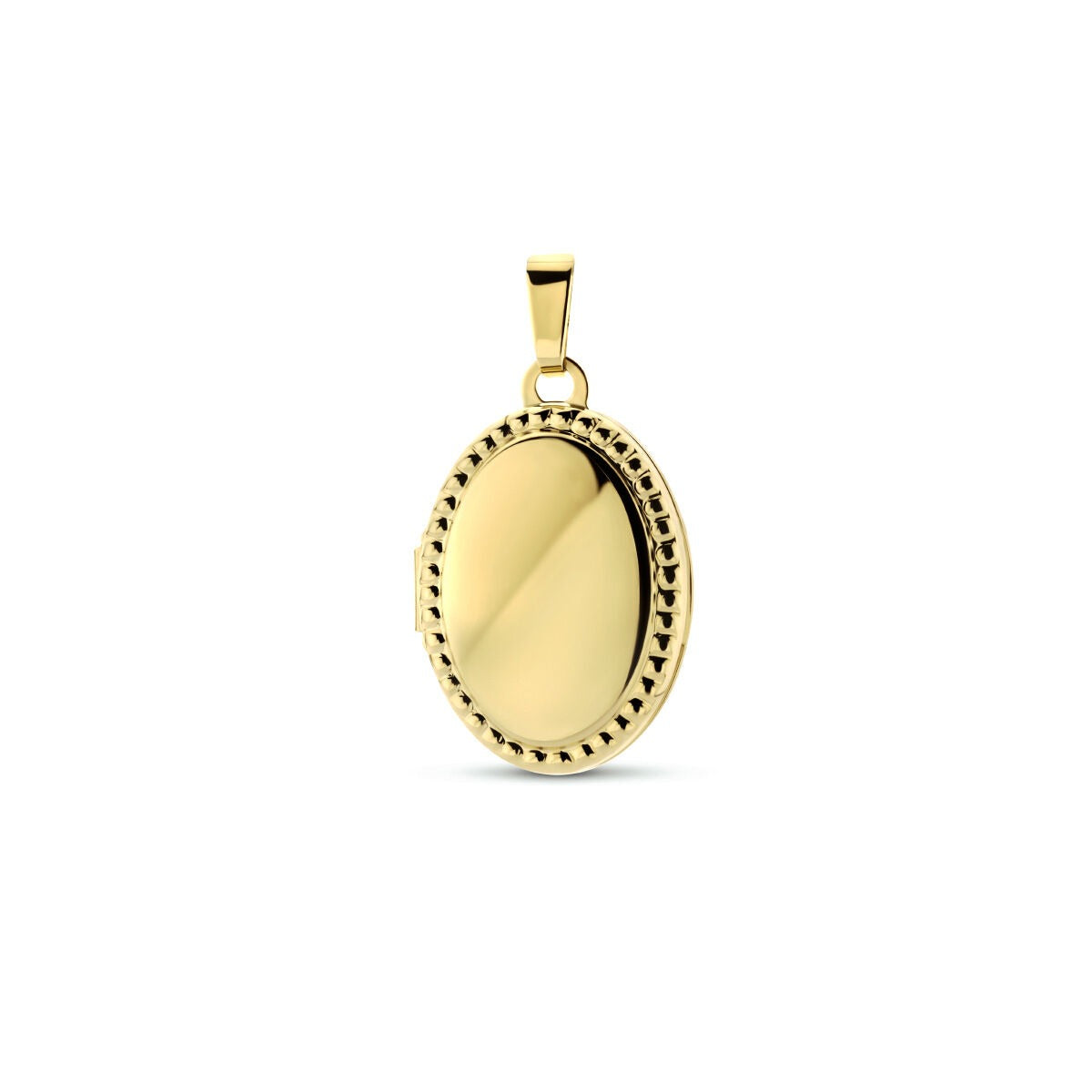 Colgante ovalado de oro amarillo de 9 quilates con borde decorativo.