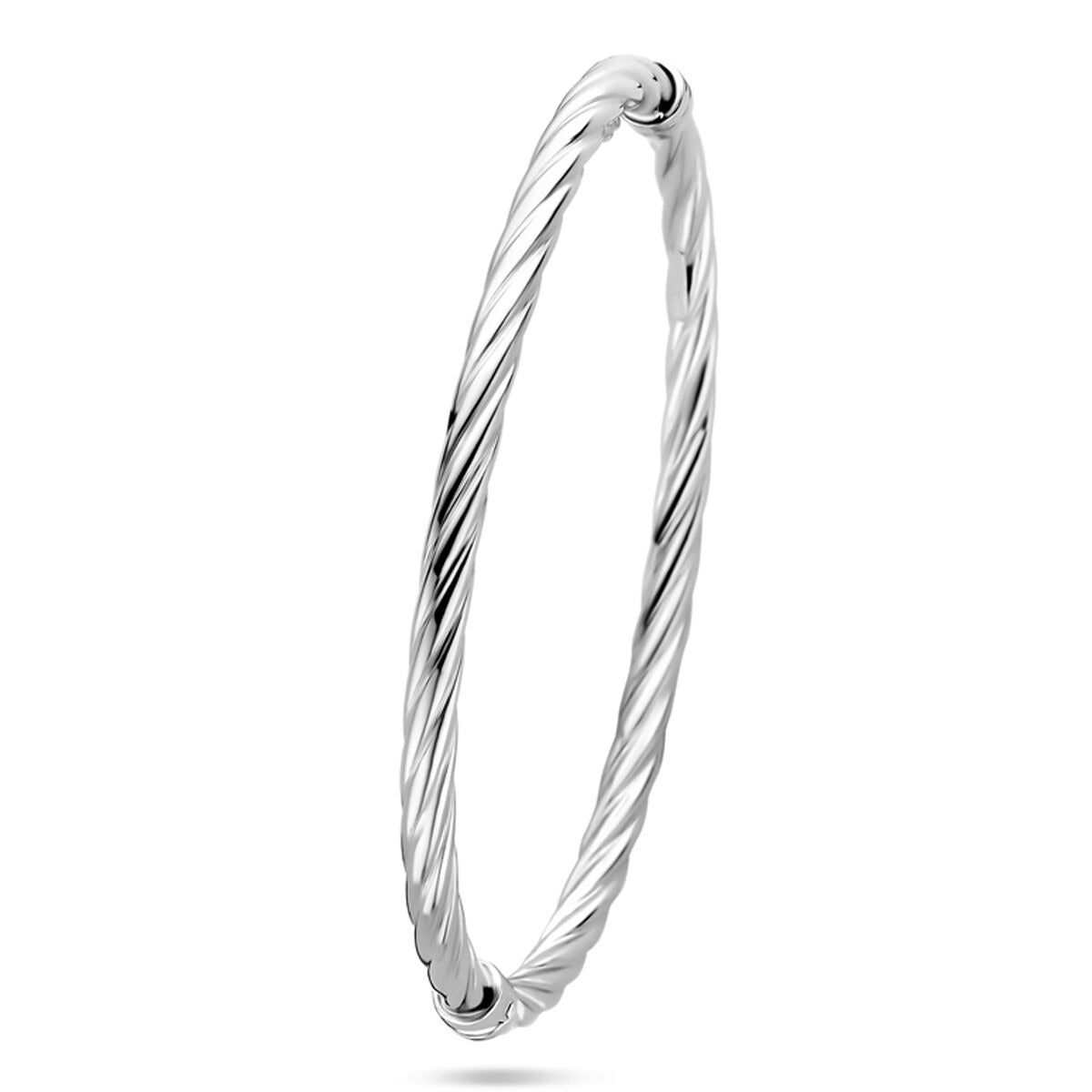 Brazalete plateado con diseño retorcido, acabado en rodio, diámetro de 61 mm.