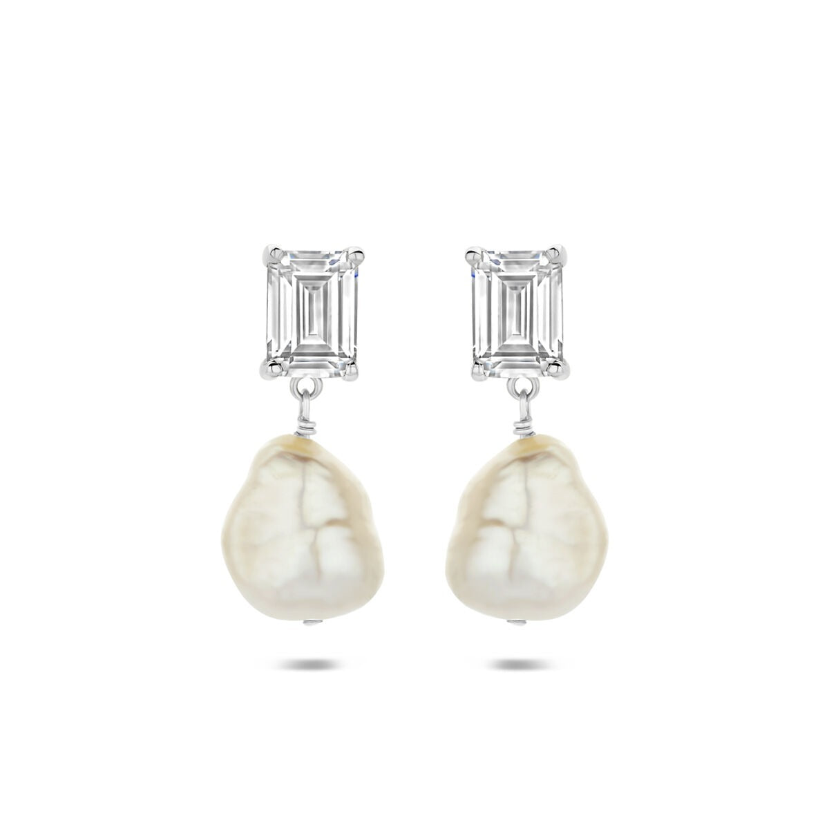 Pendientes largos de plata 925 con perla y circonitas en forma rectangular.