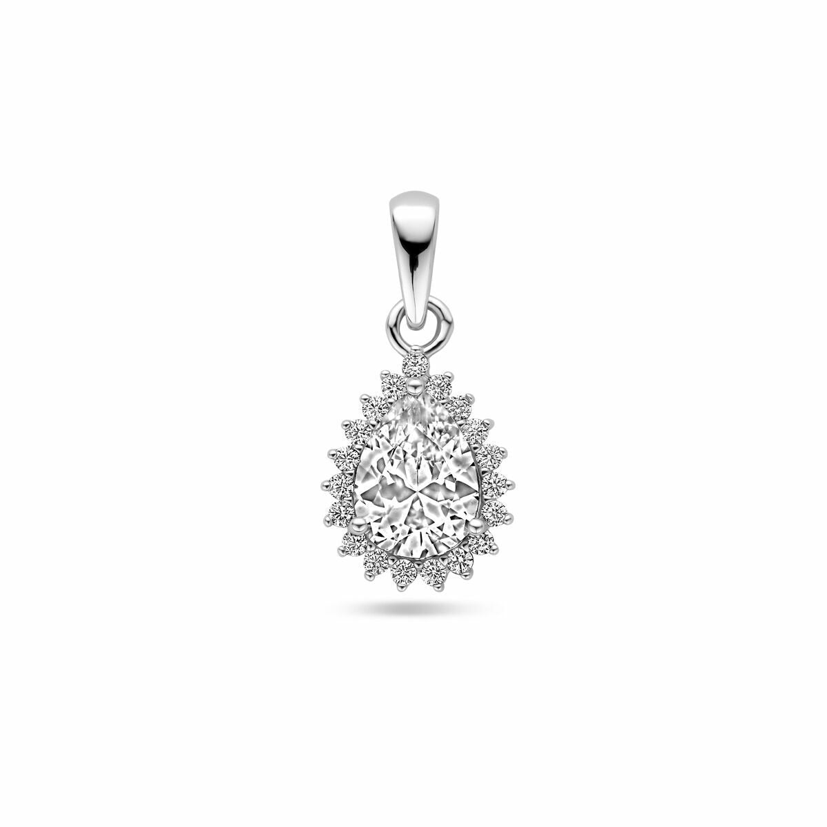 Colgante de plata rodiada con zirconia tallada en forma de pera, de 19 mm.