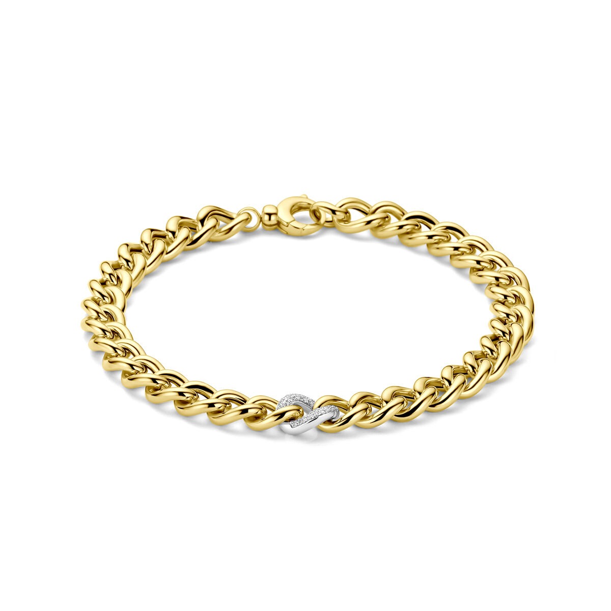 Pulsera bicolor de oro amarillo y blanco de 14k con un detalle de diamante.