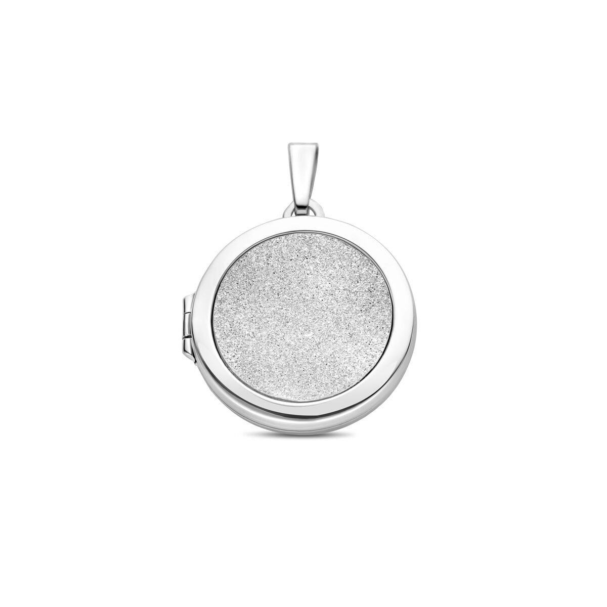 Colgante de plata rodiada 925 con acabado pulido y brillante, forma redonda y textura diamantada.