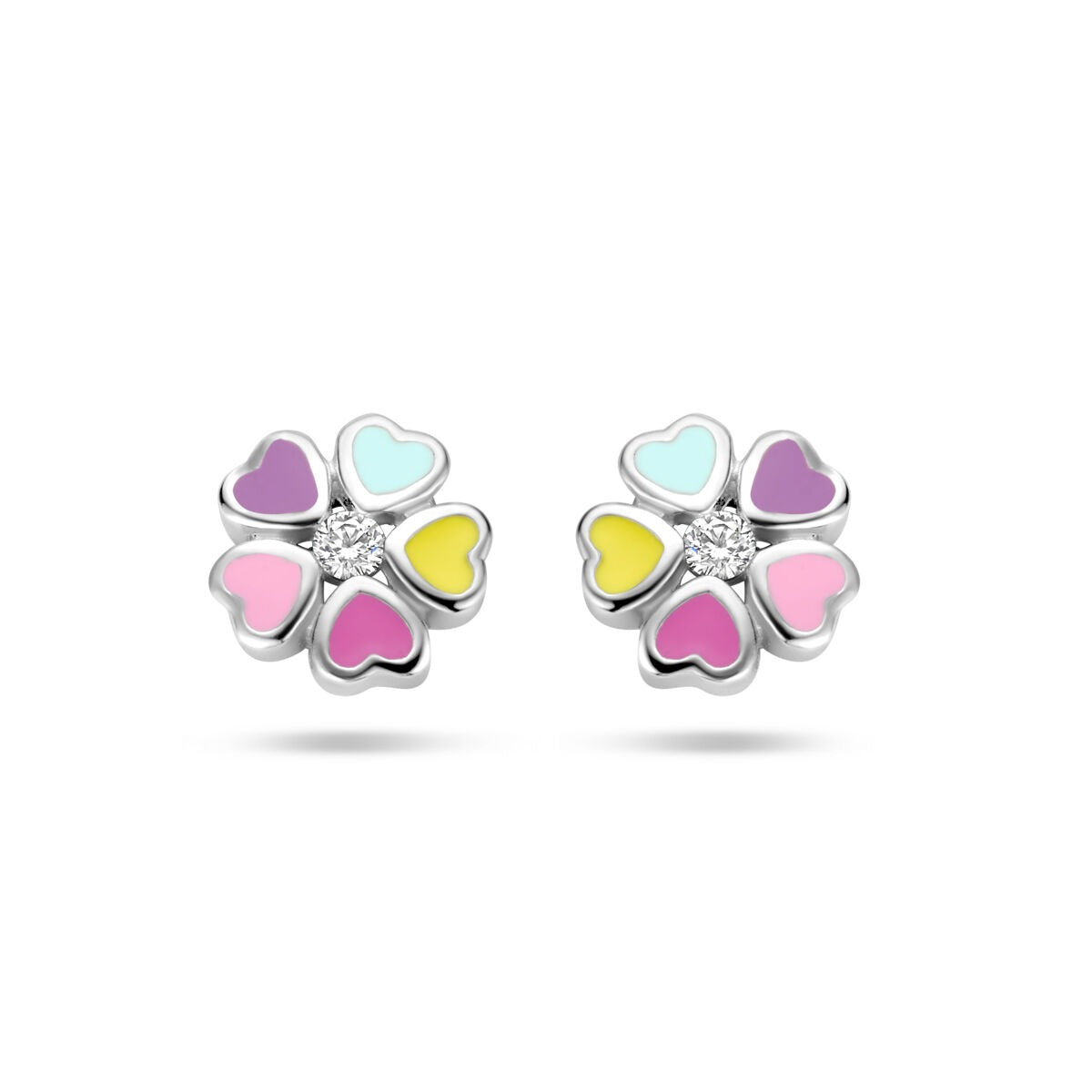 Pendientes de flor de plata 925 con zircón y corazones de colores pastel.