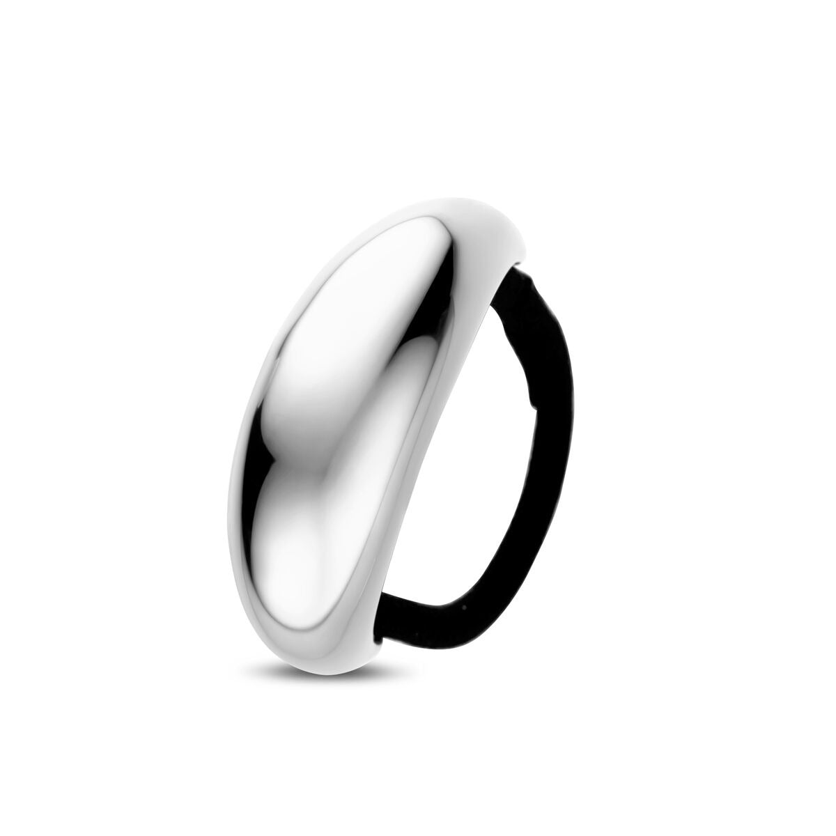 Cuff de cabello de acero en color plateado con un acento negro, forma ovalada y acabado brillante.
