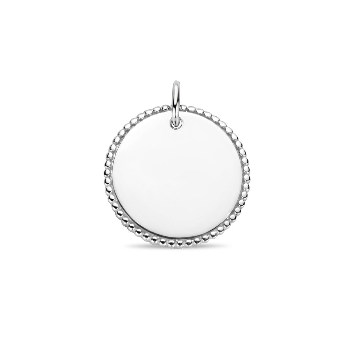 Colgante redondo de plata rodiada con borde trenzado.