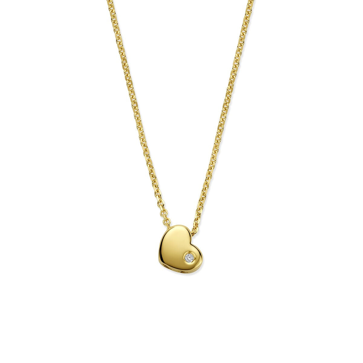 Collar infantil de oro amarillo de 14k con colgante en forma de corazón y diamante cultivado en laboratorio.