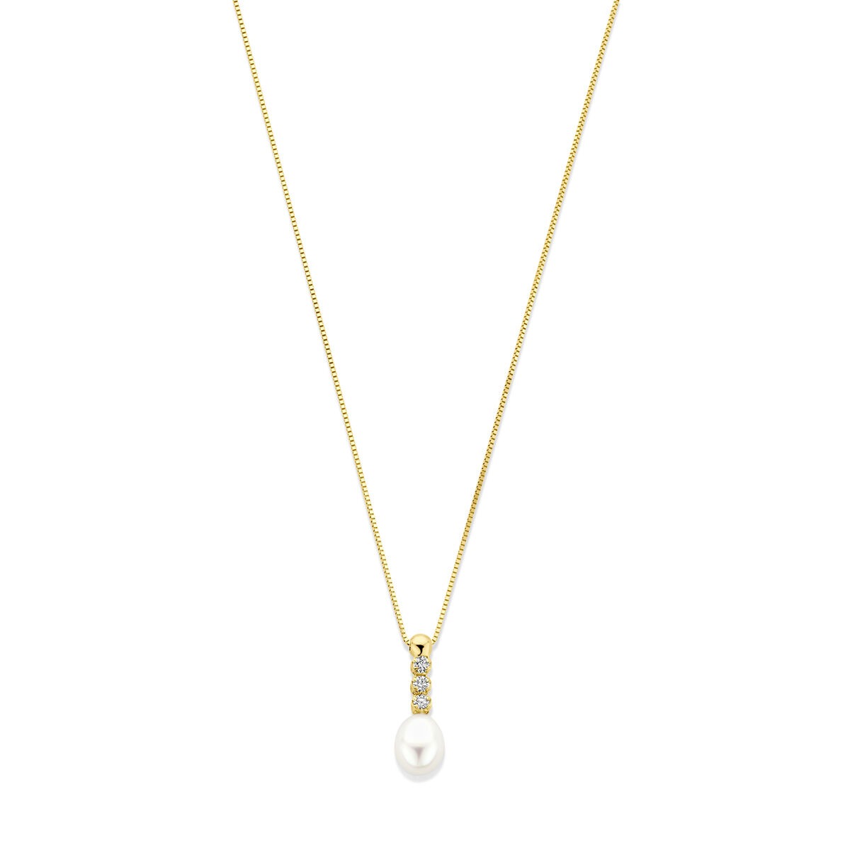 Collar de oro amarillo de 14k con zirconitas y perla de agua dulce en forma de gota.