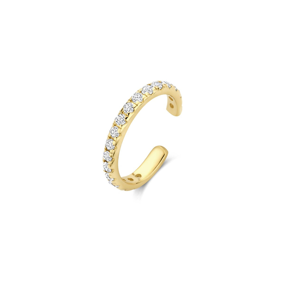 Ear cuff de oro amarillo de 14k con circonitas brillantes en un diseño curvado.