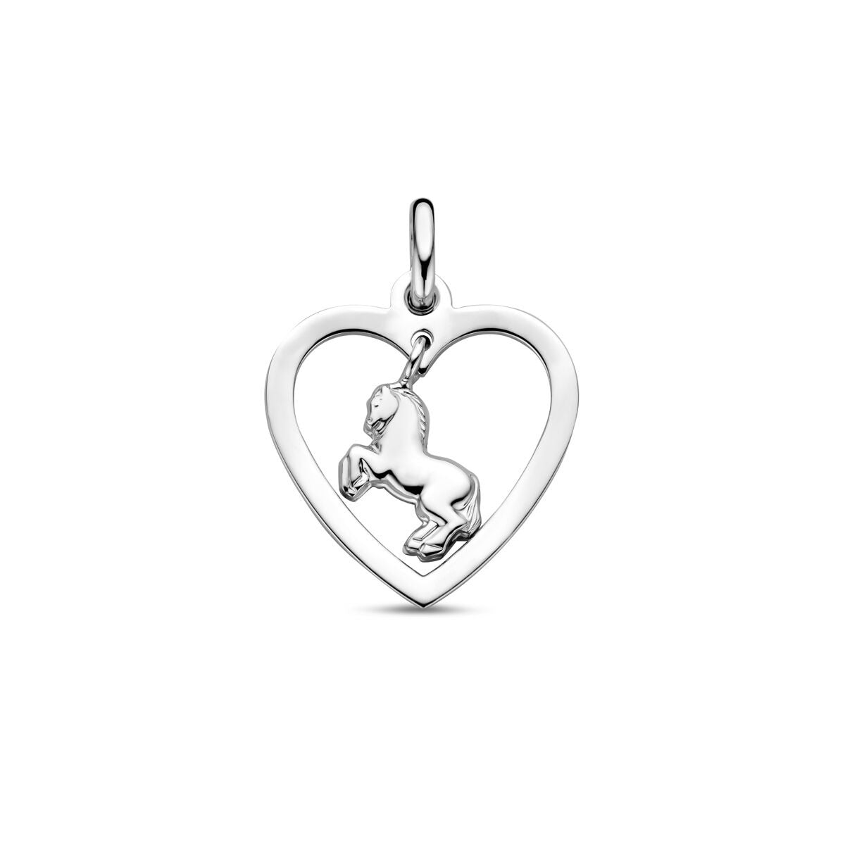 Colgante en forma de corazón de plata rodiada 925 con un caballo en el centro, mide 20 mm de alto.