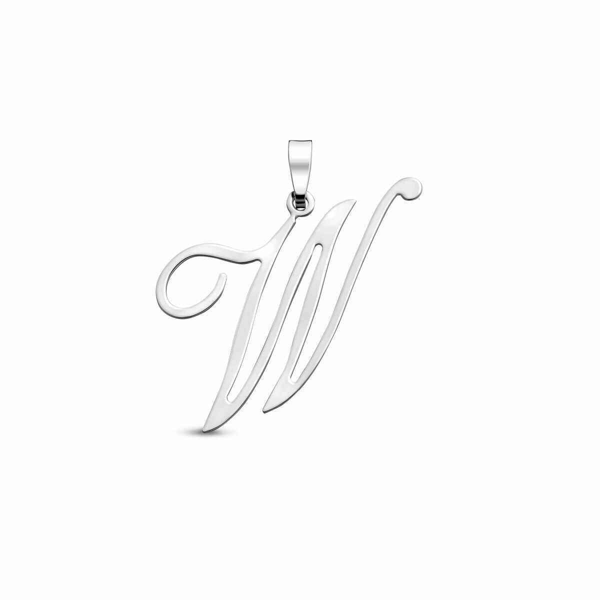 Colgante de plata rodiada en forma de letra "W", con un diseño elegante y curvado de 35 mm de altura.