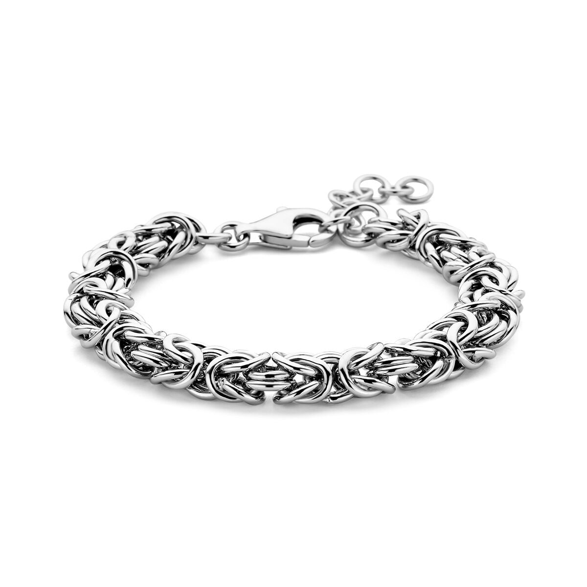 Pulsera esclava de plata con eslabones bizantinos, acabado en rodio, de 10 mm de ancho.