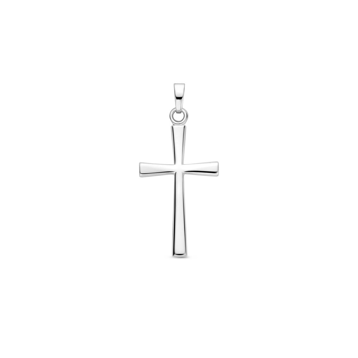 Colgante de cruz en plata de ley 925, acabado rodiado, con un diseño liso y moderno.