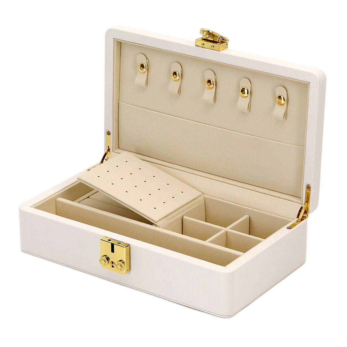 Caja de joyería de lujo beige con acentos amarillos - compacta y elegante