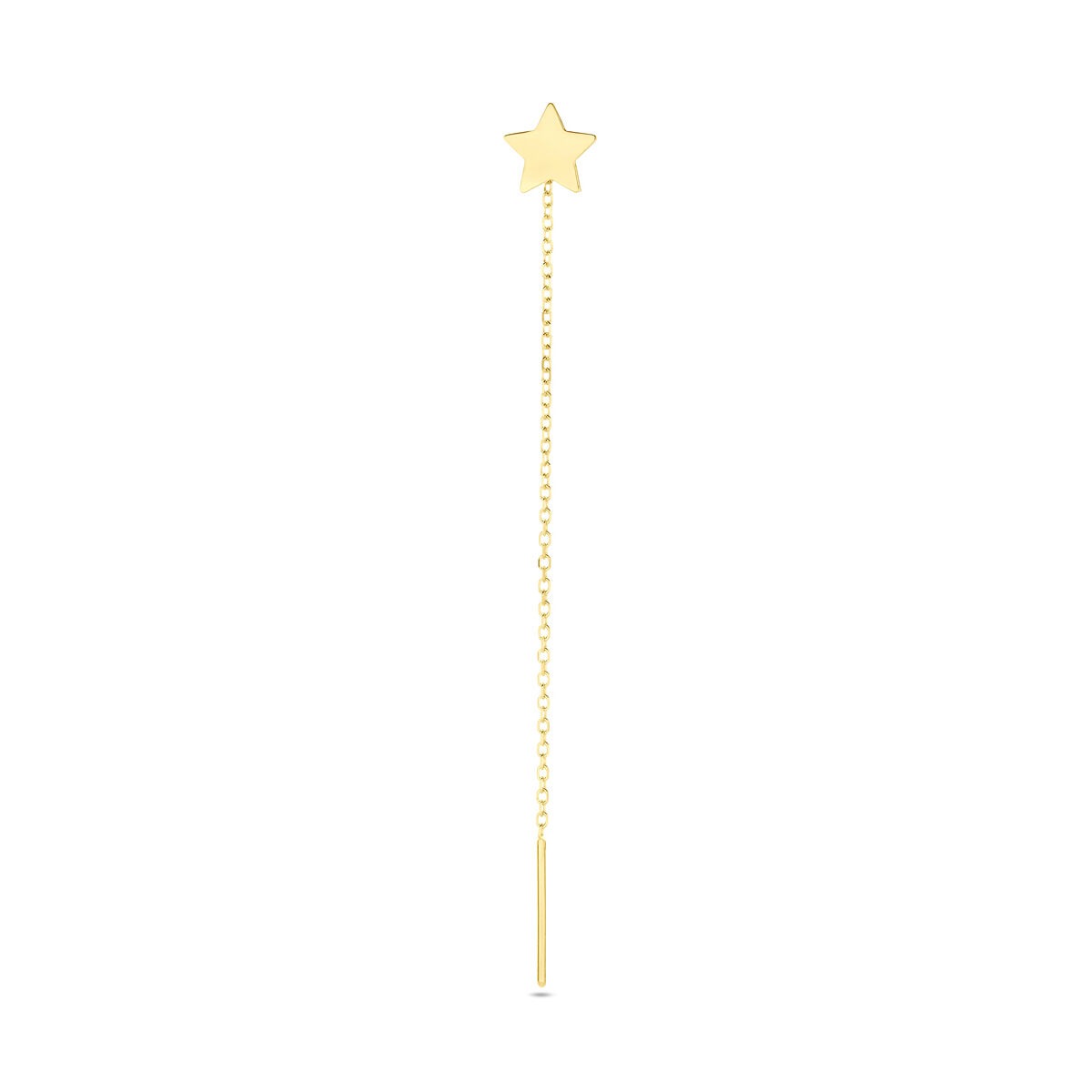 Pendiente de oro amarillo de 14k con forma de estrella y cadena larga.