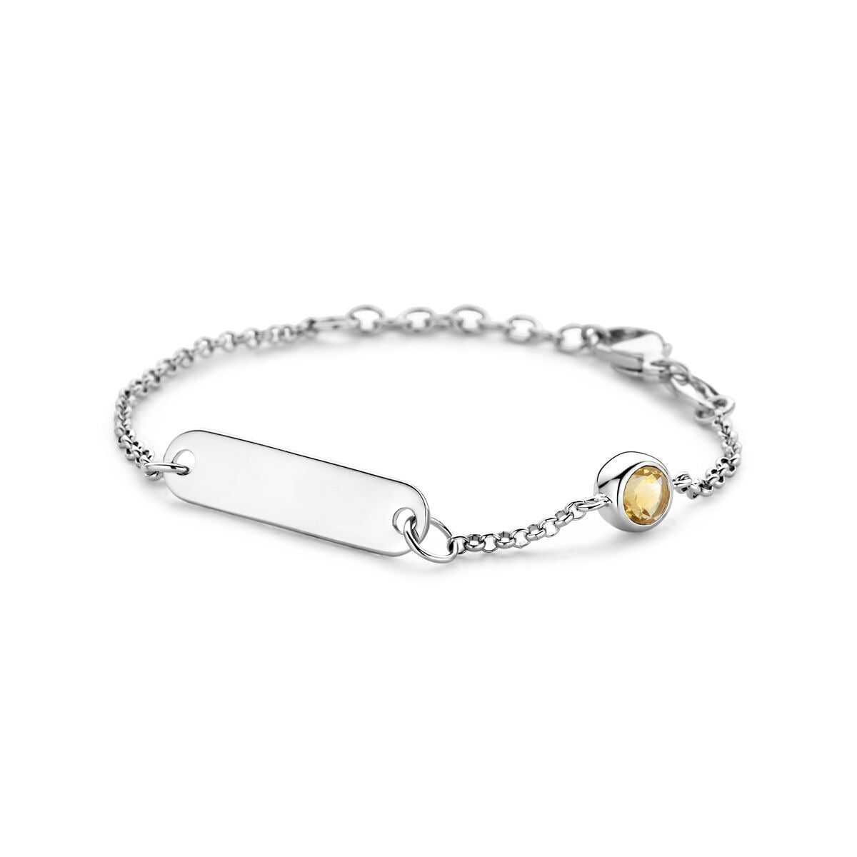 Pulsera de plata rodiada para niños con grabado y granate, ajustable de 11 a 13 cm.