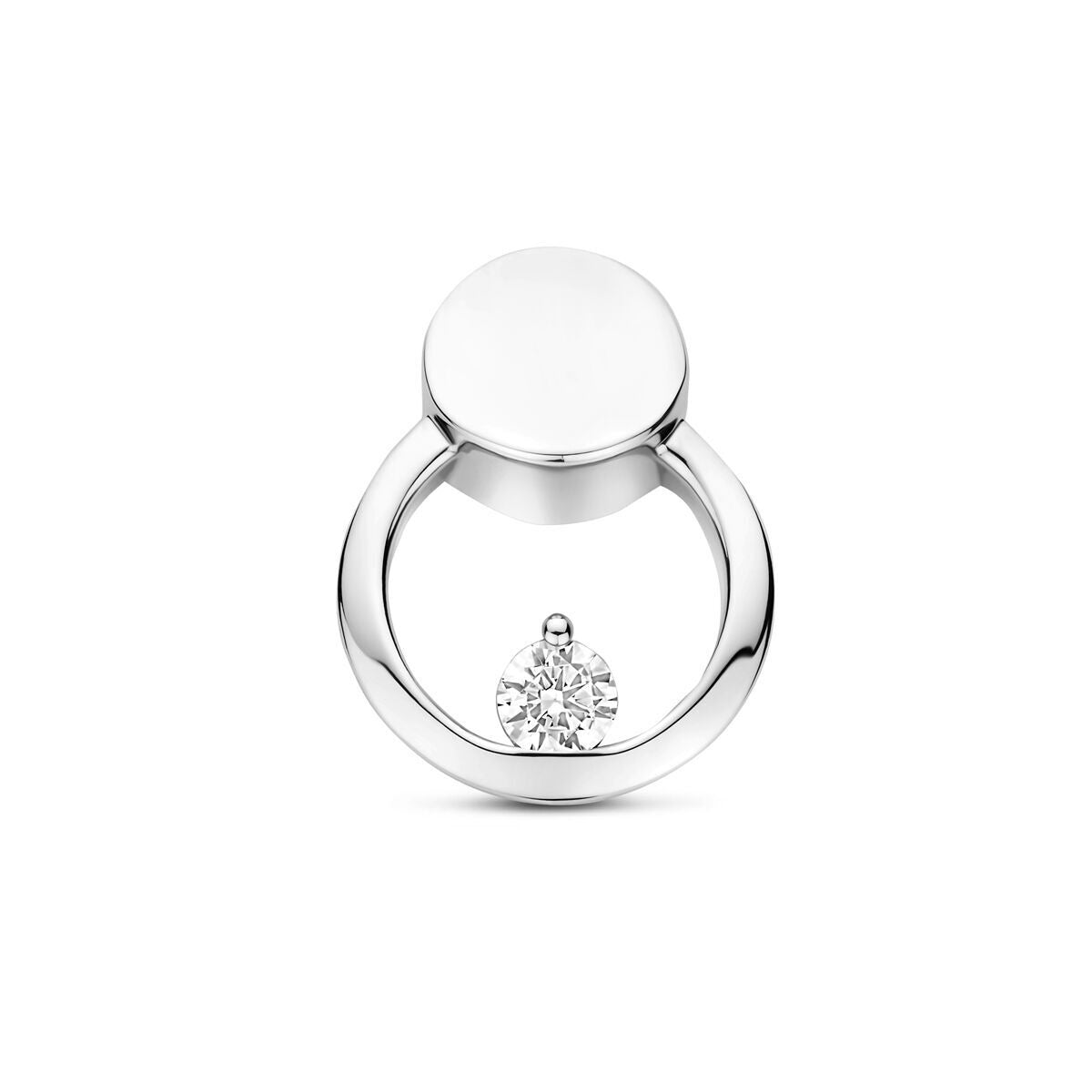 Colgante de plata con circonita, acabado rodiado, forma redonda y diseño moderno.