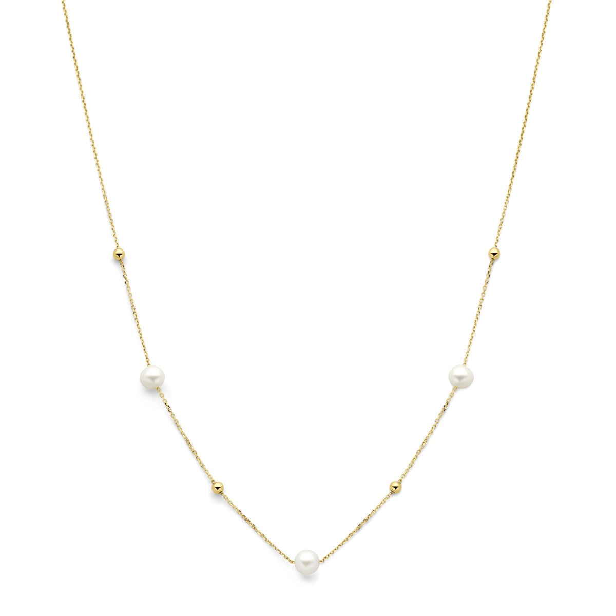 Collar de oro amarillo de 14k con bolitas y perlas de agua dulce.