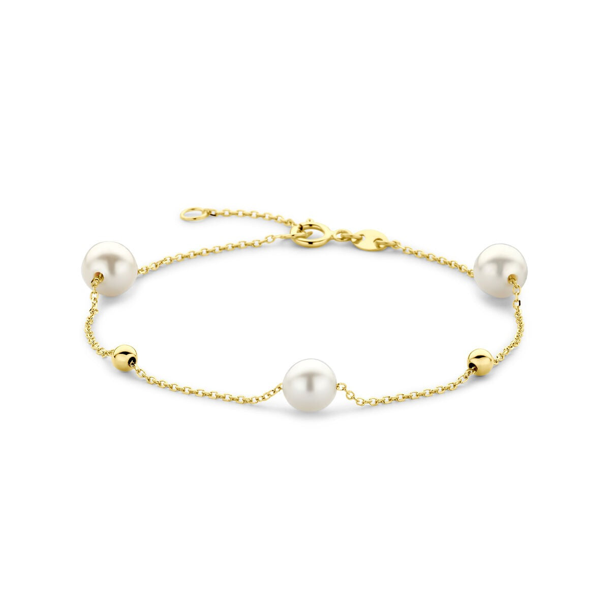 Pulsera de dama de oro amarillo de 14k con perlas y bolitas.