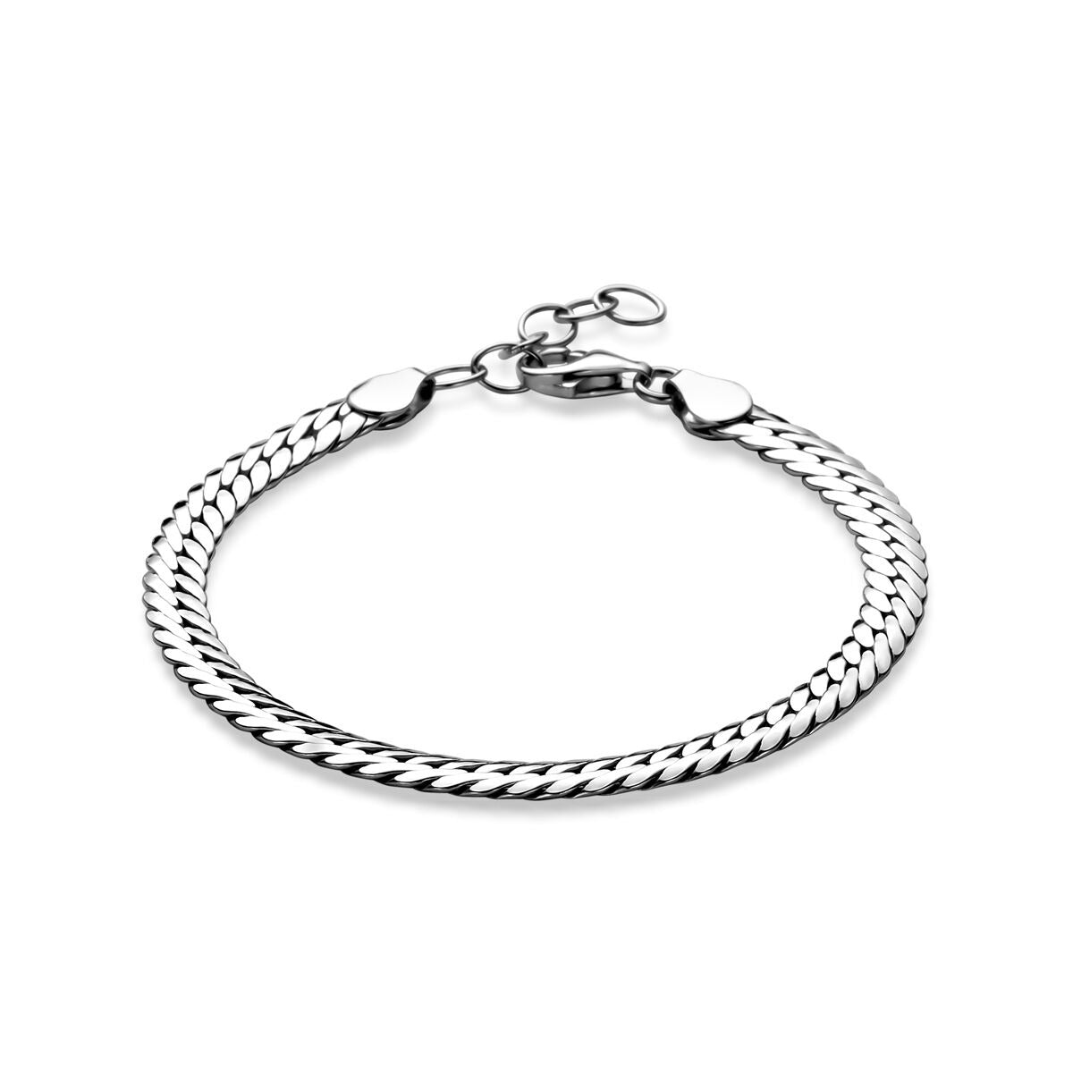 Pulsera gourmet de plata 925 con acabado rodiado, diseño trenzado y cierre de langosta.