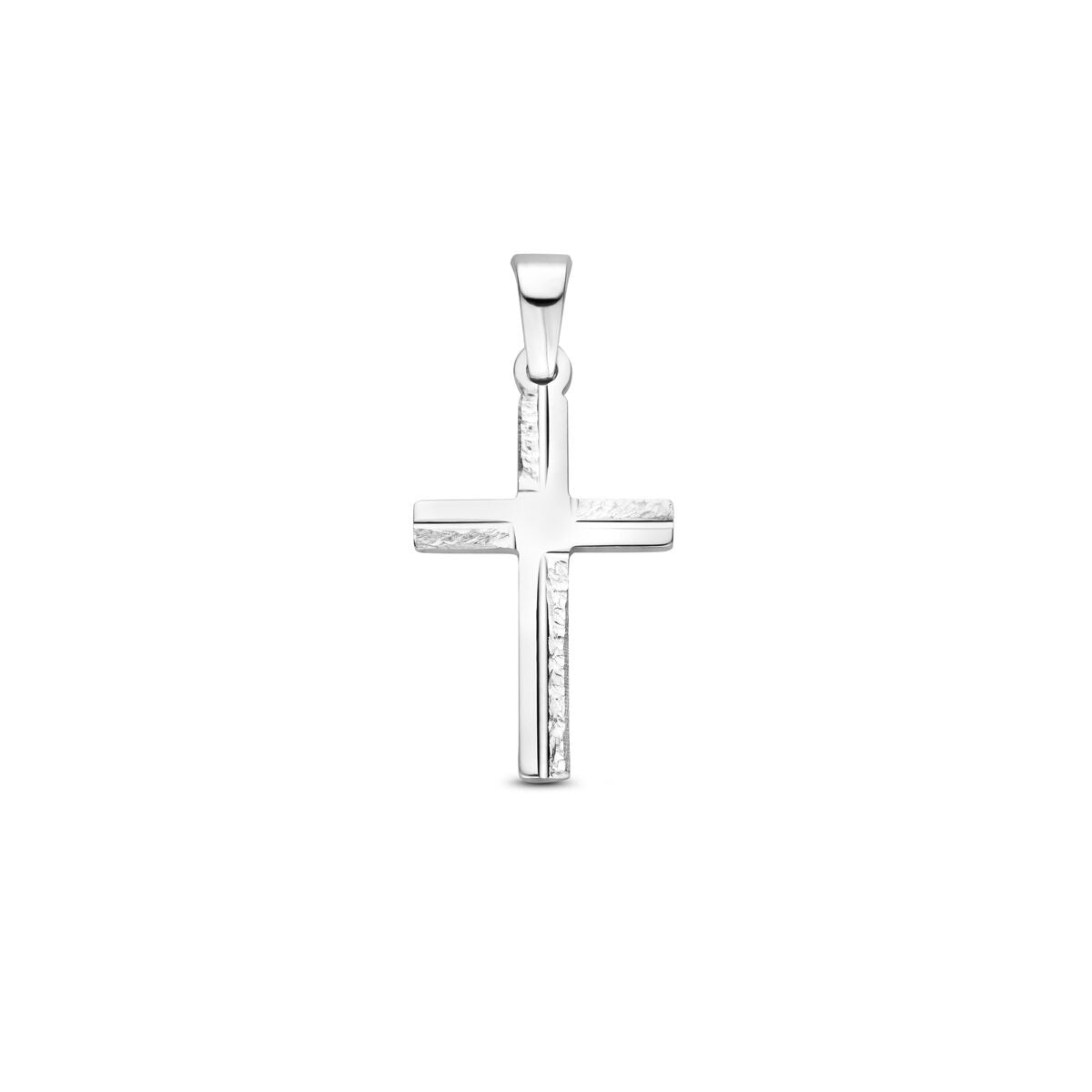 Colgante de cruz en plata de ley 925, con acabado rodiado y detalles brillantes.