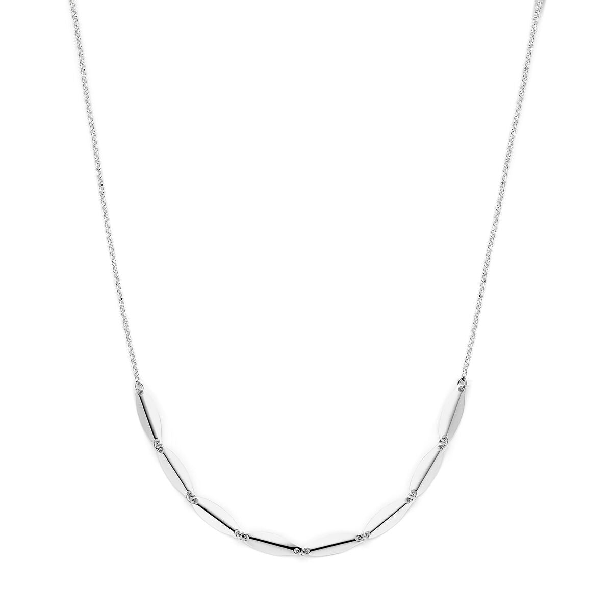 Gerhodineerd 925 zilveren dames collier met een verfijnde schakelstructuur en subtiele bolletjes.