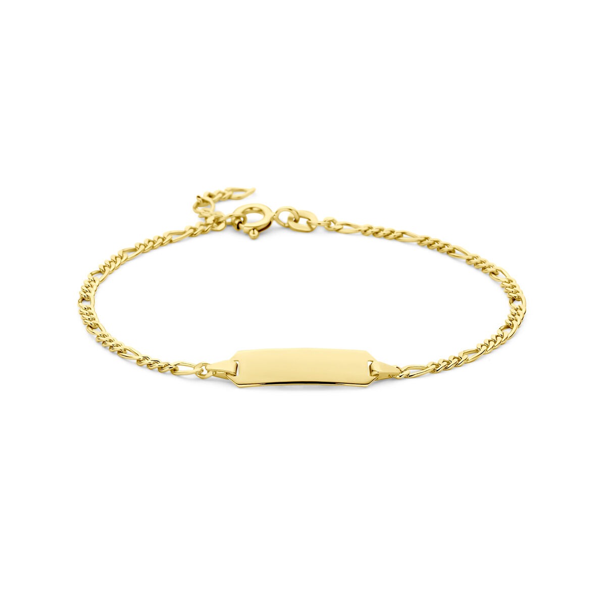 Pulsera de grabado en oro amarillo de 14k con eslabones Figaro de 5 mm.