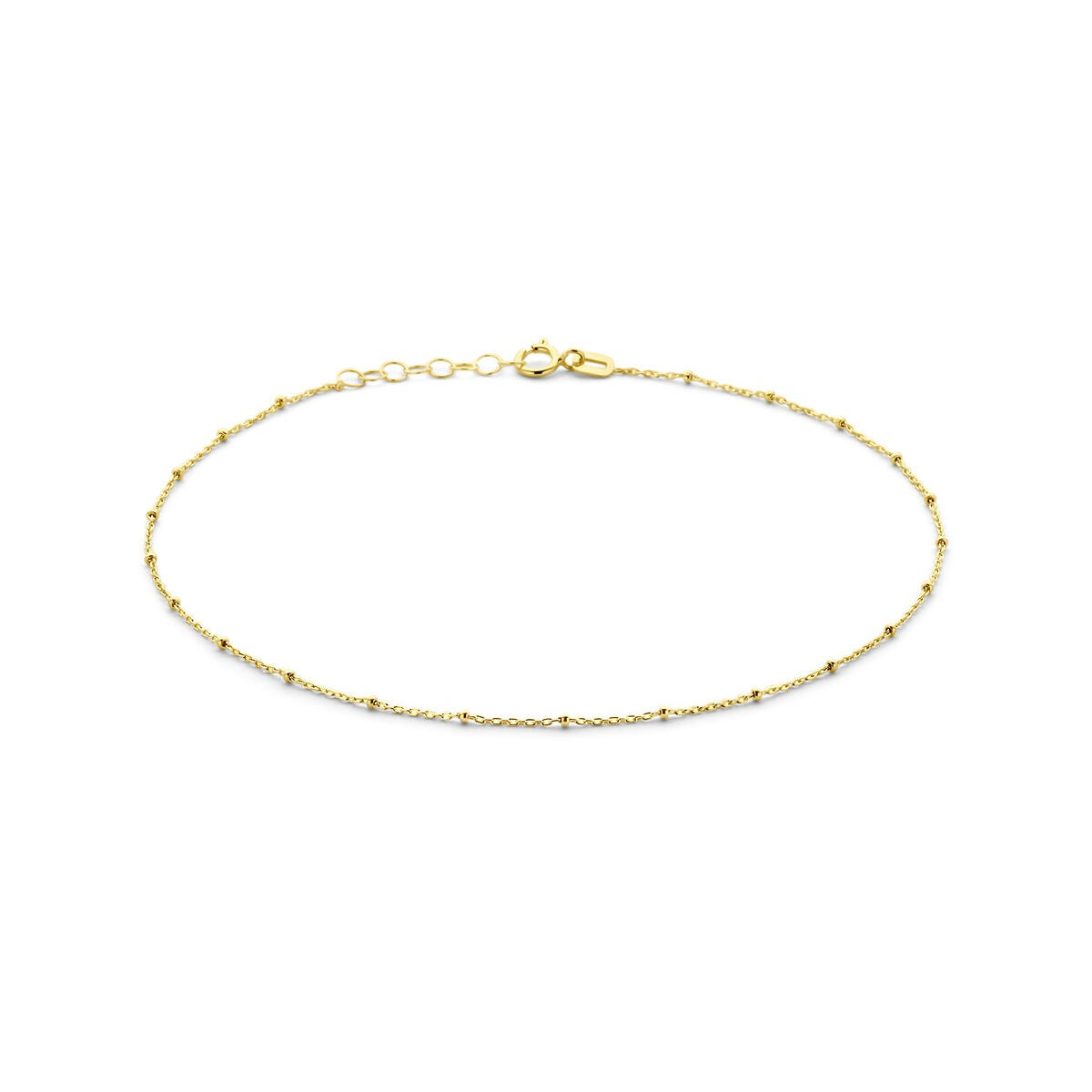 Anillo de tobillo ajustable de oro amarillo de 14k con bolitas, longitud de 24 a 26 cm.